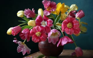Картинка Марина Филатова, столик, тюльпаны, цветы, кувшин