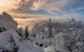 Картинка Шарапов Андрей, горы, облака, Урал, пейзаж, снега, небо, деревья, зима, природа