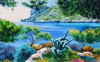 Картинка picture, Islands, Laguna, sea, trees, landscape, stones, branches, art, shore, Jean-Marc Janiaczyk