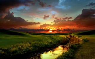Картинка landscape, clouds, the sun, river, grass