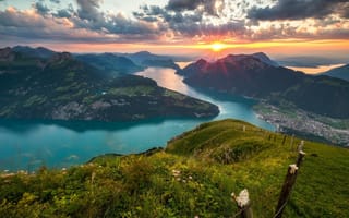 Картинка Швейцария, разлив, озеро, горы, панорама, Альпы