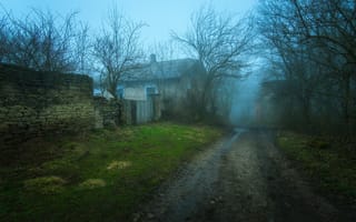 Картинка деревня, домики, туман, утро, весна