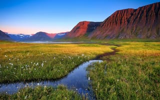 Картинка природа, Исландия, ручей, луг, горы