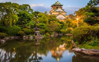 Картинка Япония, природа, кусты, пруд, деревья, камни, здание, фонари, парк