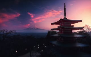 Картинка Япония, рассвет, природа, Фуджи, гора, пейзаж, пагода, фонари, утро