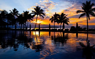 Картинка Пальмы, море, закат, бассейн, курорт, вечер, вода