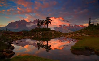 Картинка Randall J Hodges, природа, деревья, камни, водоём, пейзаж, закат, США, горы