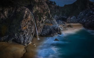 Картинка США, берег, Калифорния, водопад, природа, камни, океан, скалы