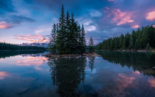 Картинка природа, David Dai, Канада, рассвет, островок, отражение, озеро, утро