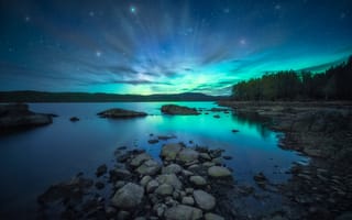 Картинка природа, Норвегия, Ole Henrik Skjelstad, сутінки, сумерки, камни, зірки, озеро, звезды