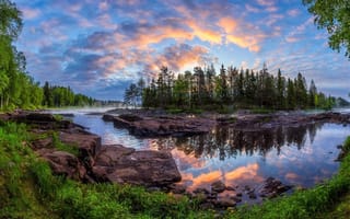 Картинка природа, рассвет, Финляндия, река, отражение, Кийминки, деревья, пейзаж, остров, лес, утро, камни