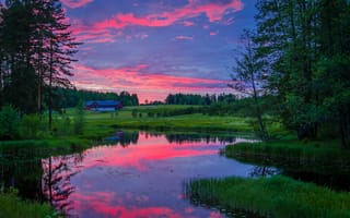 Картинка Brunsberg, Vаrmland, озеро, закат, Arvika, красота, деревья, природа, холмы, домик, пейзаж, Швеция, поле