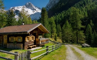 Картинка Австрия, дом, леса, Альпы, пейзаж, горы, дорога, природа
