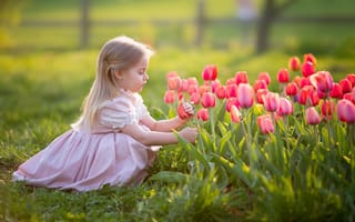 Картинка ребёнок, цветы, платье, тюльпаны, весна, девочка, природа, малышка