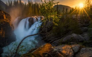 Картинка Норвегия, пейзаж, водопад, лес, солнце, камни, лучи, закат, дерево, природа
