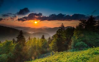 Картинка США, горы, Северная Каролина, утро, солнце, природа, лучи, пейзаж, рассвет
