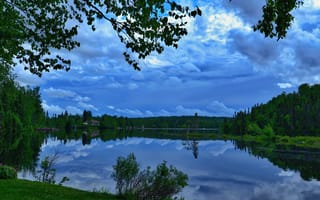 Картинка пейзаж, природа, квебек, озеро, канада, размышления, вода, деревья, лето, закат