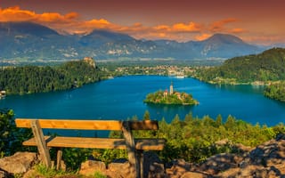 Картинка Словения, Озеро, Скамейка, Остров, Дома, Пейзаж, Bled