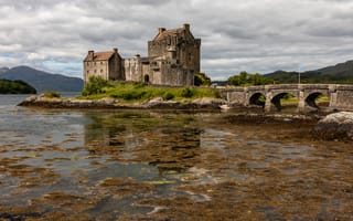 Картинка Шотландия, Замкок, Мост, Город, Eilean Donan Castle, Река