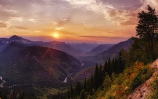 Картинка закат, Природа, Каньон, Glacier National Park, Пейзаж, Небо