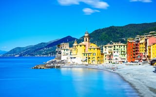 Картинка Италия, Лигурия, дома, город, голубое небо, Camogli, море, Italy