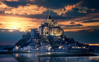 Картинка Mont-Saint-Michel, sunset, french landmarks, France, island