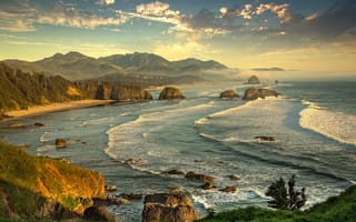 Картинка природа, пейзаж, горы, вечер, океан, США, Орегон, пляж
