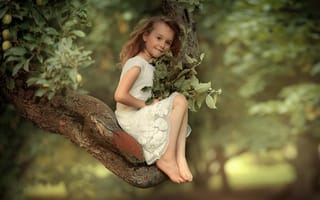 Обои лето, ребёнок, платье, листья, Anna Lipatova, природа, дерево, улыбка, девочка, сад, ветка