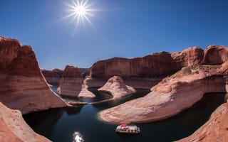 Картинка США, скалы, природа, солнце, яхта, каньон, река, Аризона, Колорадо