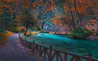 Обои Mevludin Sejmenovic, горы, пейзаж, деревья, природа, Босния, дом, осень, мостик, лес, река