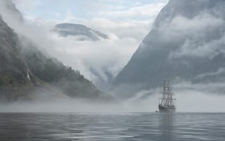Обои Норвегия, горы, Norway, туман, корабль