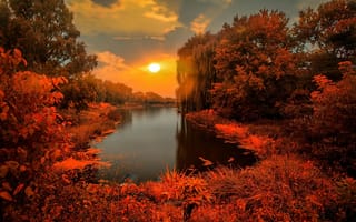 Картинка Gene Brumer, закат, пейзаж, природа, озеро, осень, леса