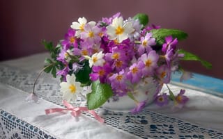 Картинка Марина Филатова, цветы, вазочка, салфетка, примула, столик