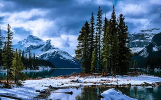 Картинка зима, горы, озеро, David Dai, островок, Канада