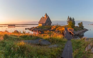 Картинка Vaschenkov Pavel, камни, море, дом, пейзаж, мостик, утро, островок, травы