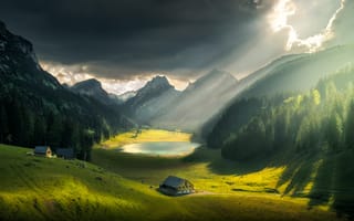 Картинка Ilhan Eroglu, свет, луга, дома, озеро, лучи, природа, Швейцария, леса, облака, небо, пейзаж, холмы, долина, горы