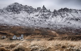 Обои Iceland, исландия, снег, домик, горы