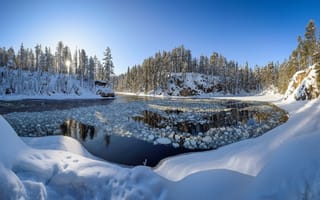Картинка Зима, природа, лес, река, скалы