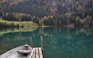 Картинка Швейцария, Давос, гора, мосток, лодка, озеро, лес