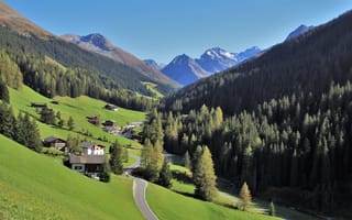 Обои Швейцария, дорога, горы, деревня, долина, пейзаж, леса, природа, Альпы