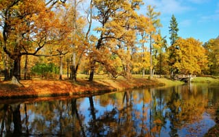 Картинка природа, мостик, деревья, пейзаж, парк, осень, пруд