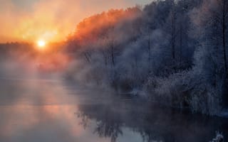 Картинка природа, пейзаж, утро, река, деревья, туман, лёд, кусты, рассвет, иней, зима, солнце