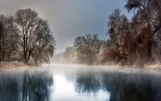 Картинка зима, река, туман, природа, иней, мороз, отражение, Robert Didierjean, пейзаж, деревья