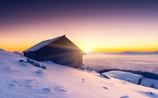 Картинка зима, домик, горы, природа