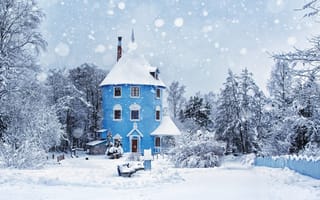 Картинка зима, деревья, дом, двор, участок, снег