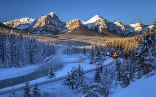Картинка Канада, Банф, Альберта, природа, снег, пейзаж, леса, поезд, зима, дорога, деревья, горы, заповедник