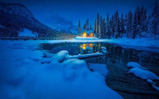 Картинка Yoho, ночь, Зима, снег, красиво, National Park, Канада, горы, домик
