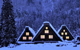 Картинка Япония, предгорье, снег, природа, дома, зима, деревья