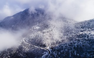 Картинка Зима, снег, деревья, вид сверху, горы