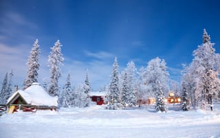 Картинка природа, деревья, зима, пейзаж, дома, снег